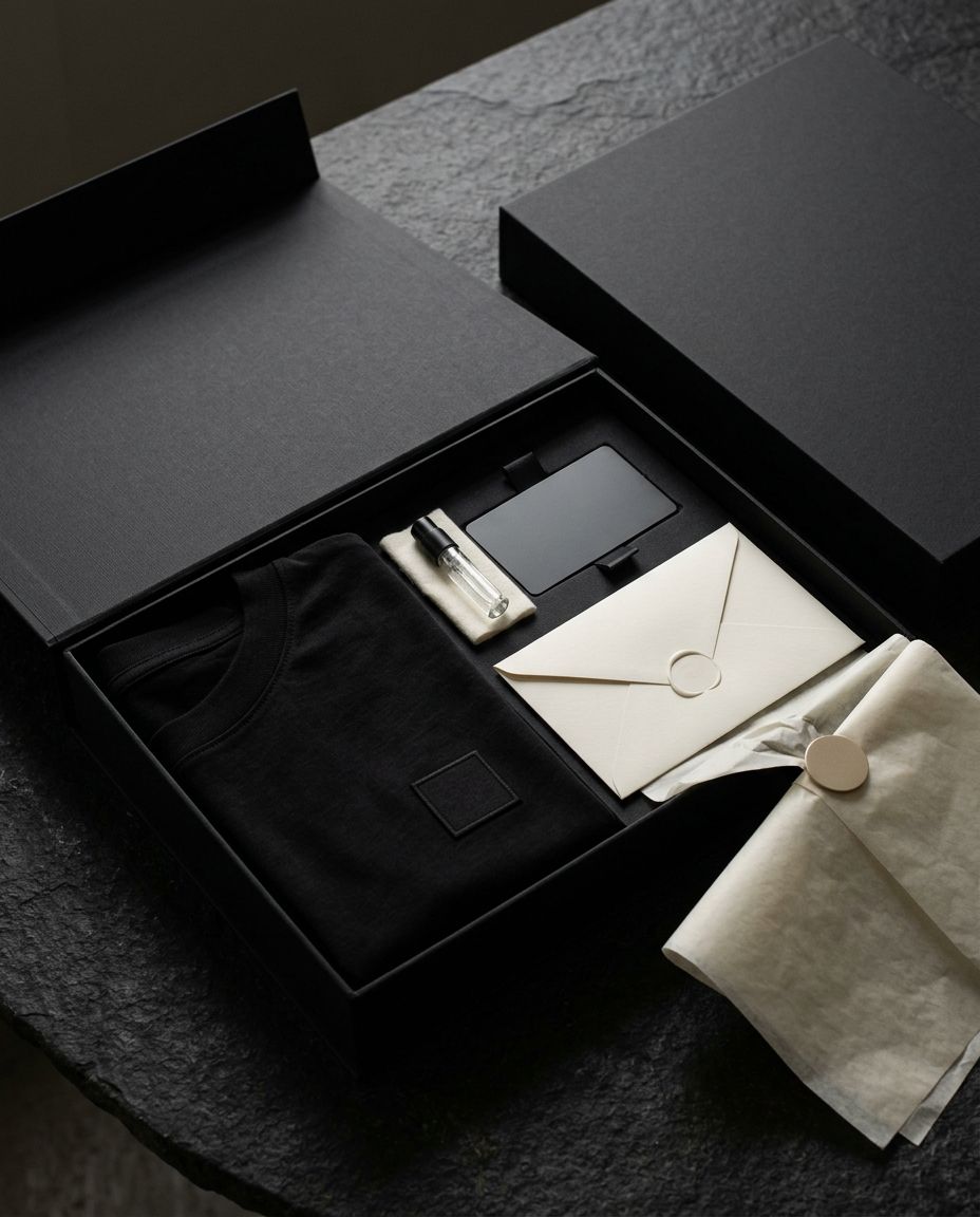Coffret noir du Cercle des Ambassadeurs contenant une pièce textile, une carte et un échantillon.